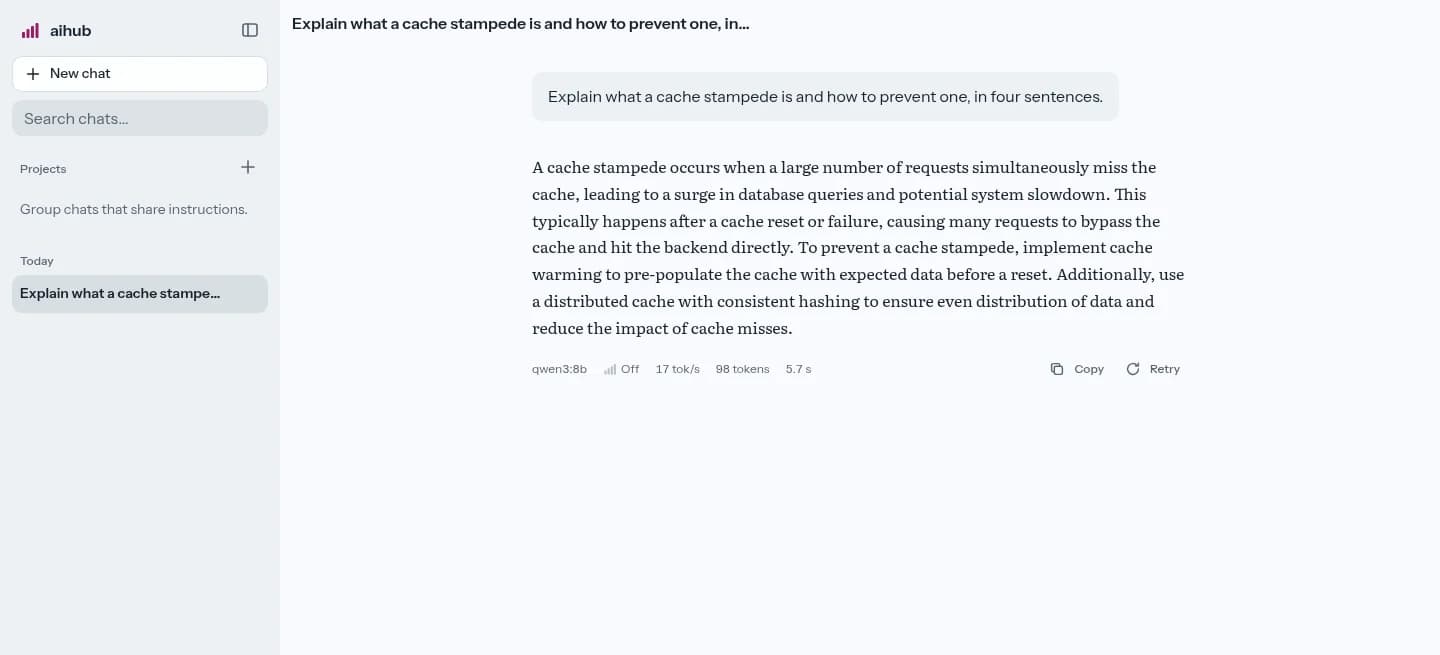 aihub's chat page: a question about cache stampedes answered by a local qwen3:8b model, with model, reasoning effort, tokens per second, token count and time shown under the reply.
