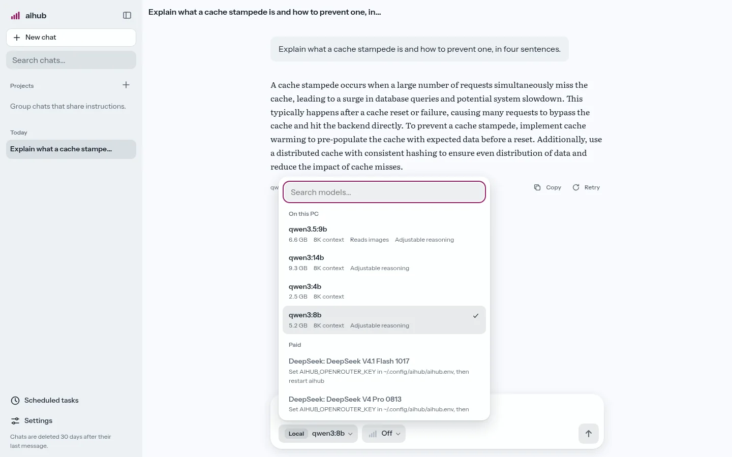 aihub's model picker listing local Ollama models with size, context and capabilities, and paid OpenRouter models that are disabled until a key is set.