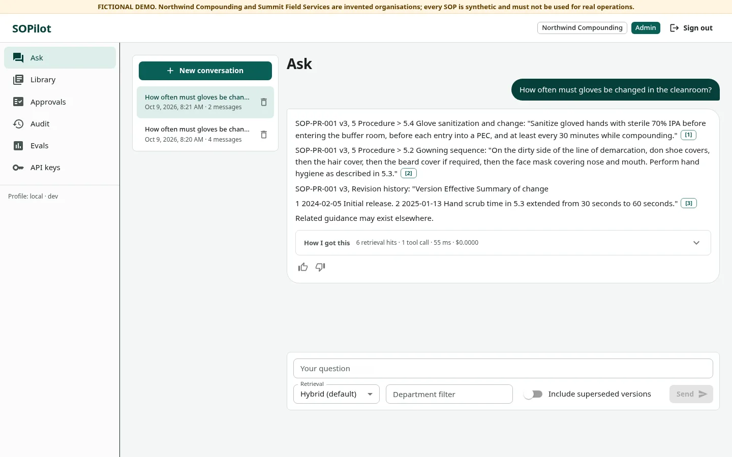 SOPilot's Ask page: a question about changing gloves in a cleanroom, answered from an SOP with numbered citations and a collapsed retrieval trace.