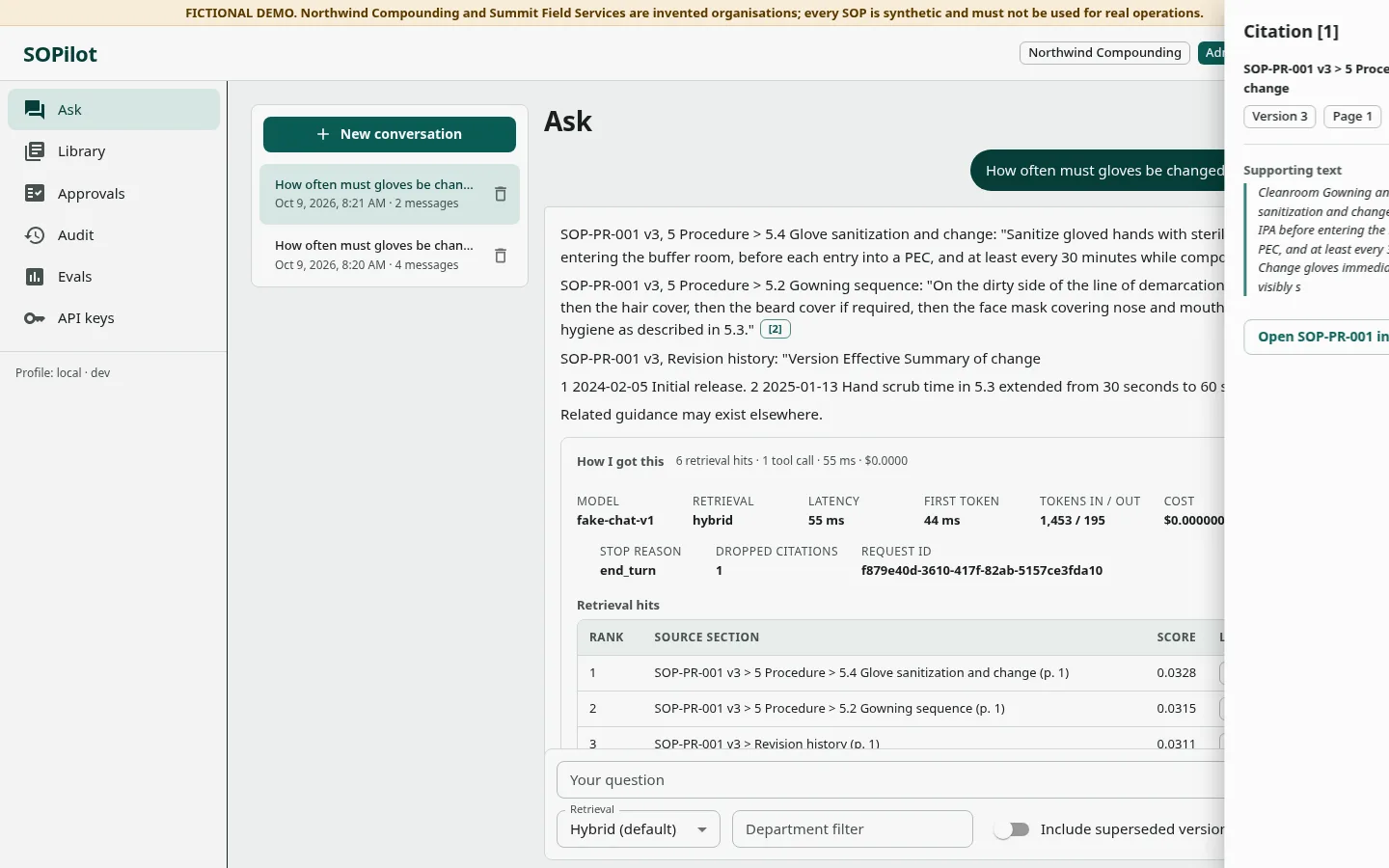 SOPilot's citation drawer open beside an answer, showing the cited SOP section.