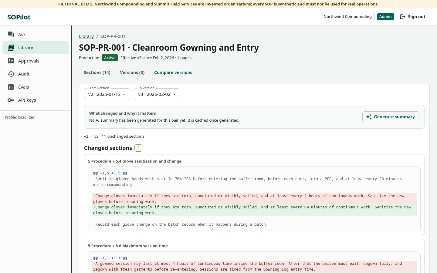 SOPilot's version compare view showing two versions of an SOP side by side.