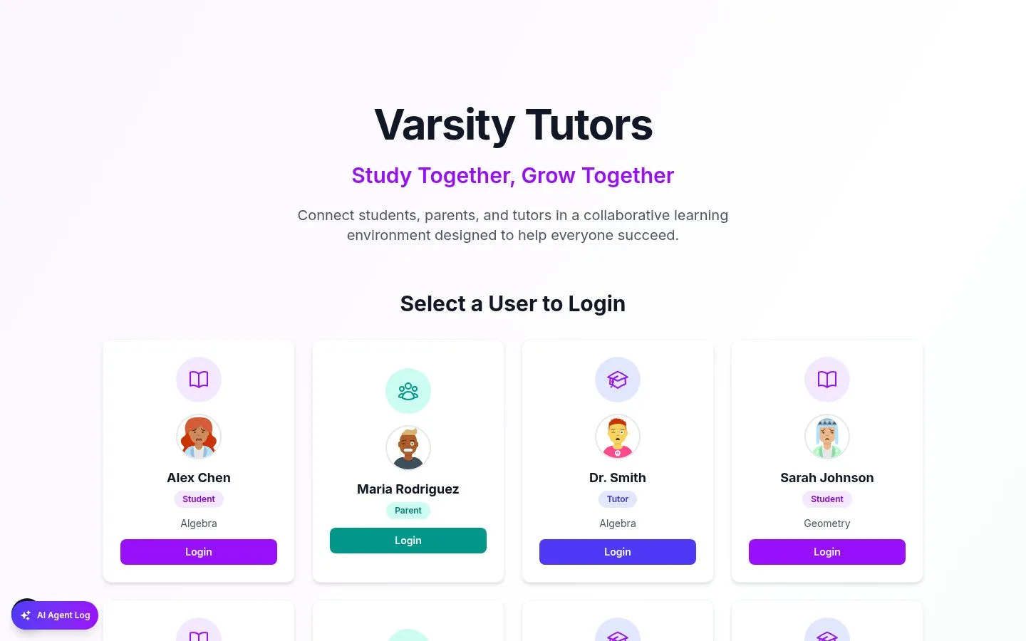 Varsity Tutors landing page with the headline 'Study Together, Grow Together' and cards for mock users to log in as.